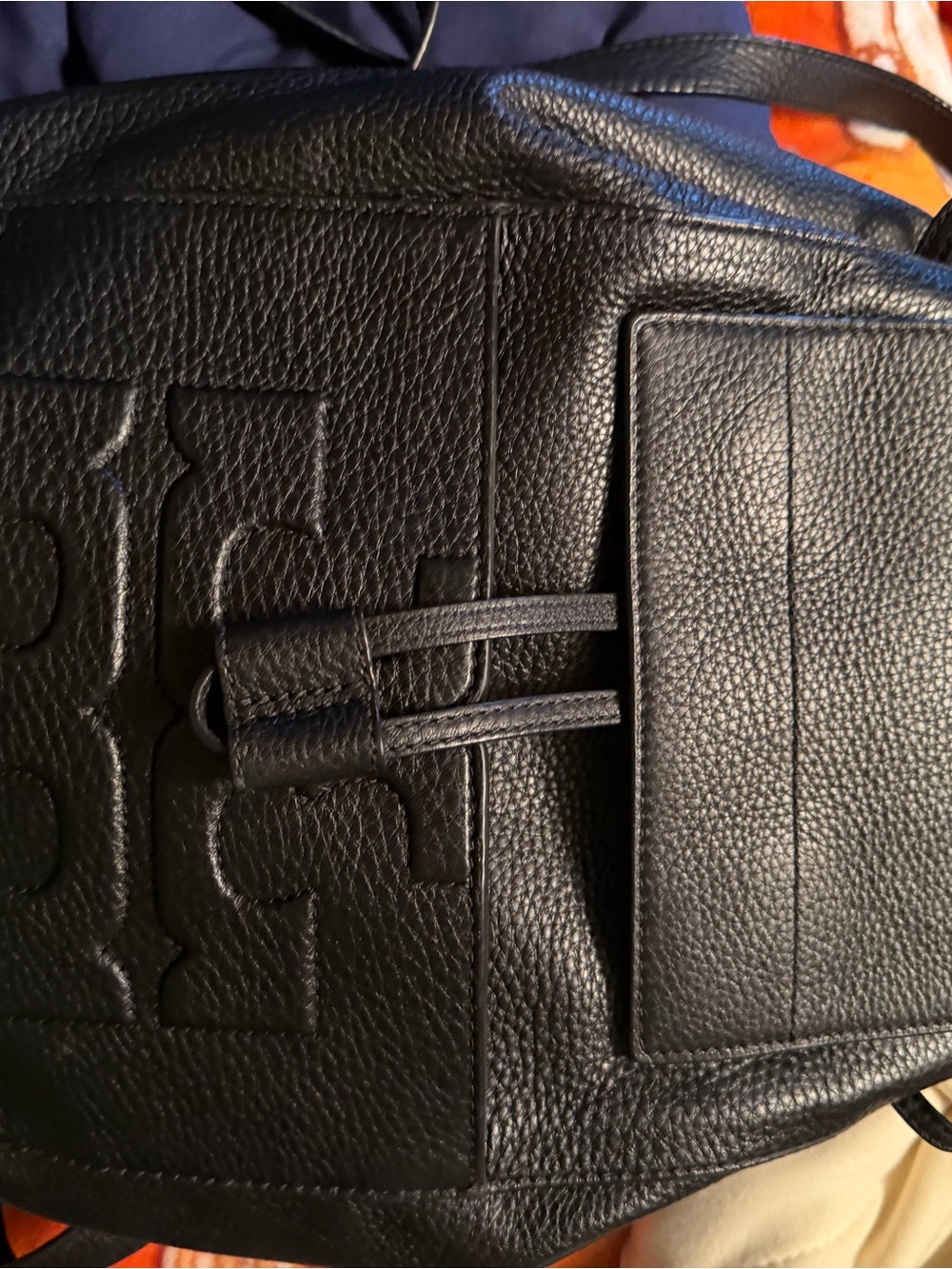 Tory Burch Black Pebbled Leather Backpack with Embossed Logo